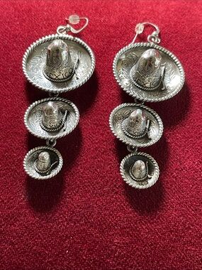 Solid Sterling Silver Sombrero Dangle Earrings - Mexican Hat Design